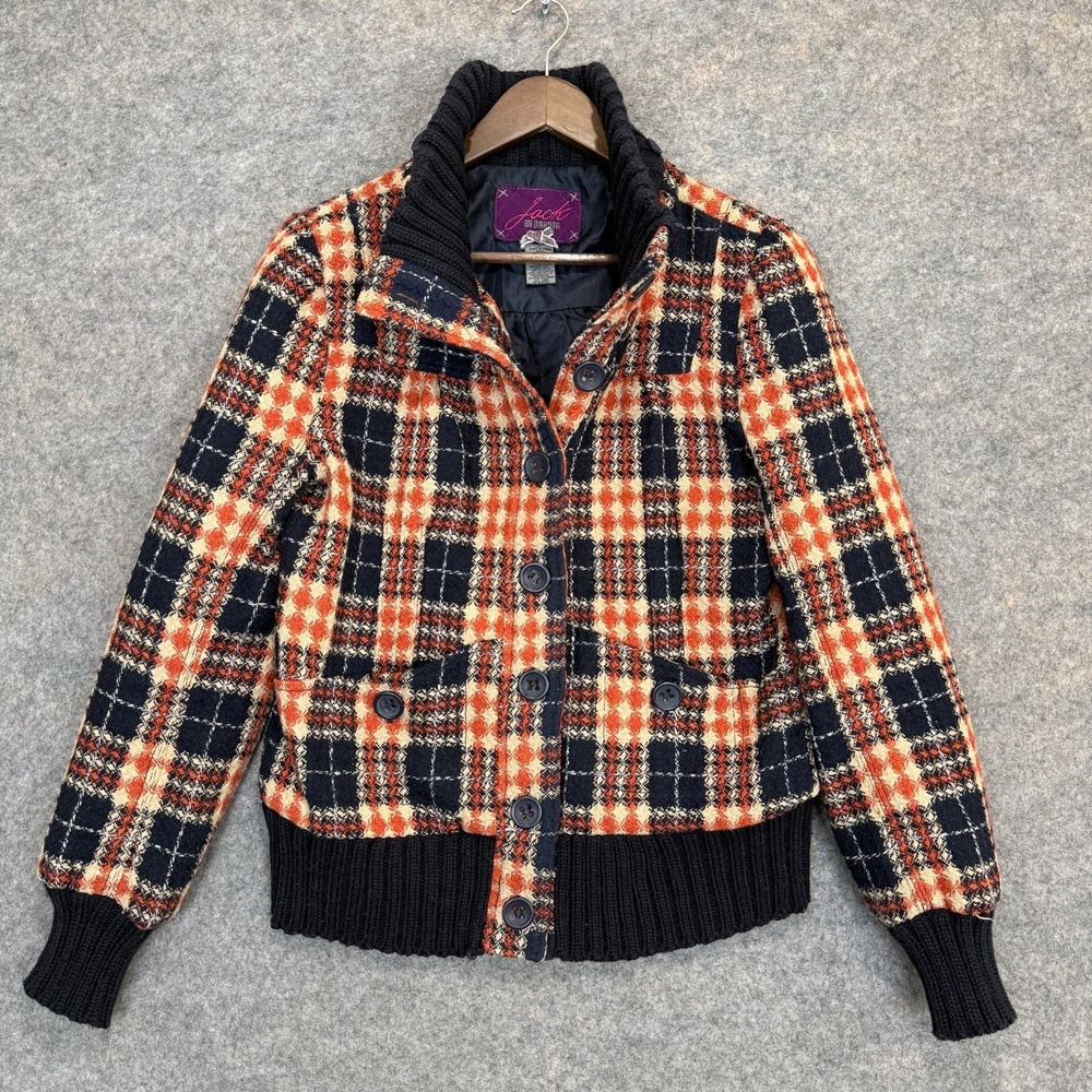 Jack BB Dakota Plaid Jacket Womens Large Button Lined Tweed Black Orange